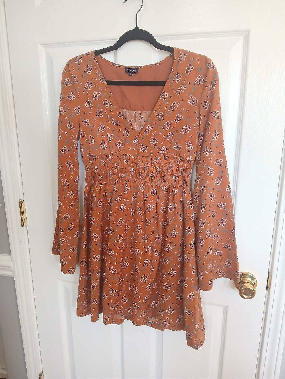 Lira Rust Ditzy Floral Long-Sleeve Smocked Waist Mini Dress Cottage Boho Fairy